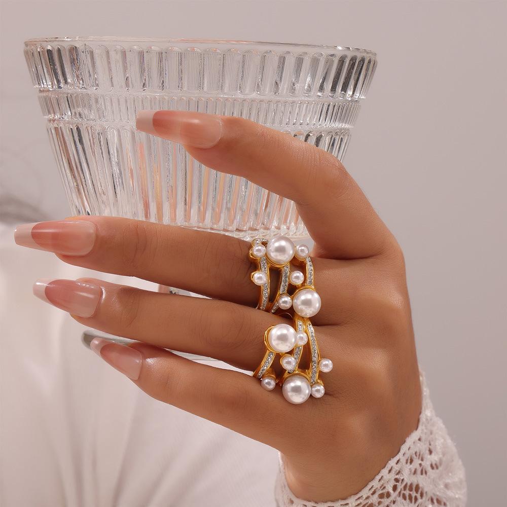 Stainless Steel Cubic Zirconia Imitation Pearl Ring Ring
