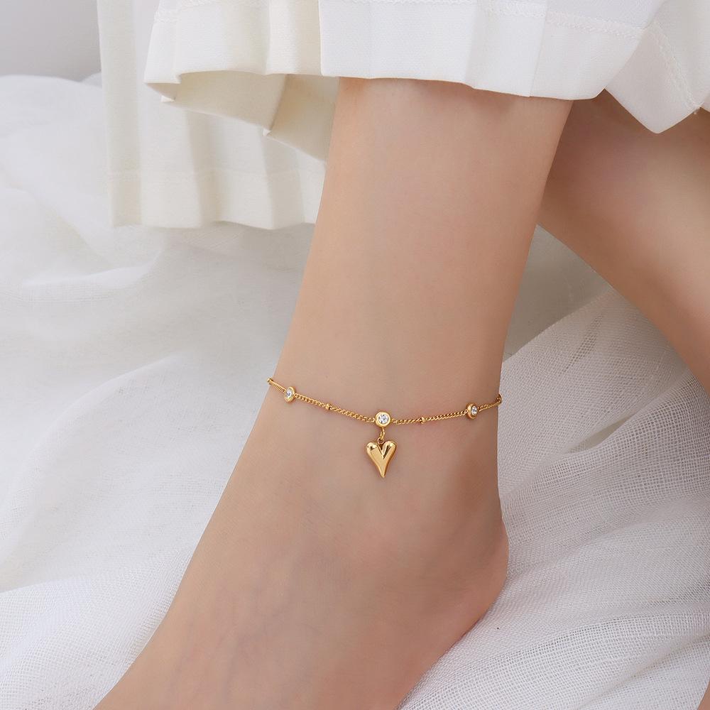 18K Gold PVD Heart Shape Chain CZ Stainless Steel Anklet