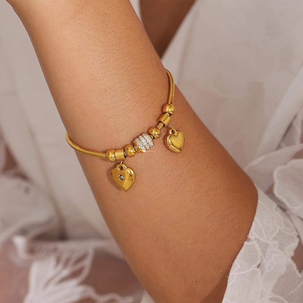 Stainless Steel Double Heart Cubic Zirconia Snake Chain Bracelet