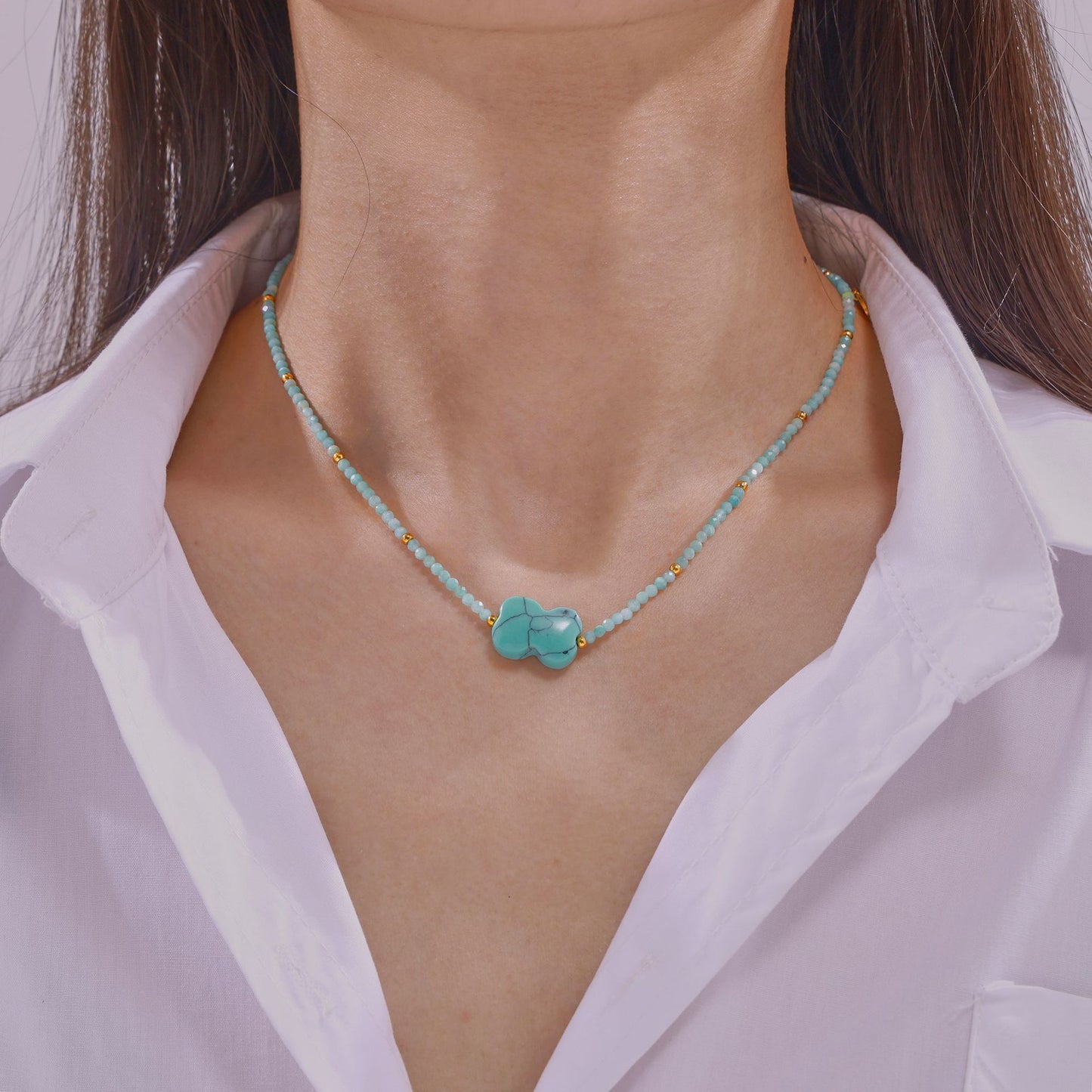 Stainless Steel Tianhe Stone Pendant Beaded Necklace
