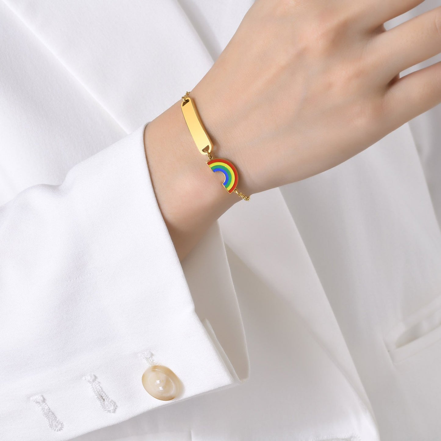 Rainbow Charm Curved Bar Engravable Bracelet