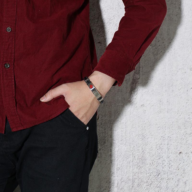 12mm Stainless Steel Medical ID Leather Bracelet