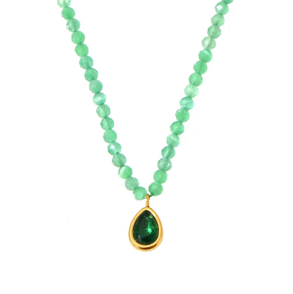 Stainless Steel Green Opal Water Drop Pendant Beaded Necklace