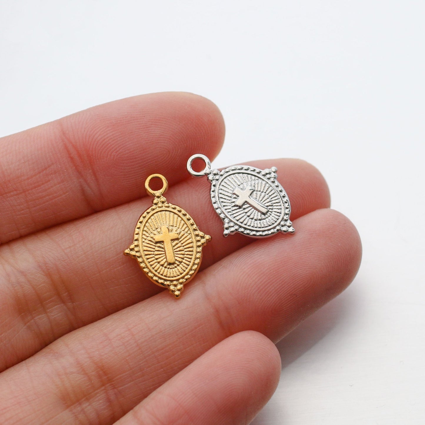 18K Gold PVD Stainless Steel Oval Cross Pendant