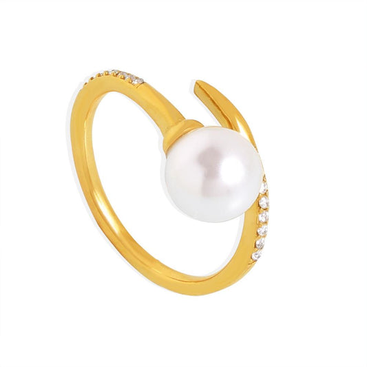 Stainless Steel Pearl Cubic Zirconia Cuff Ring