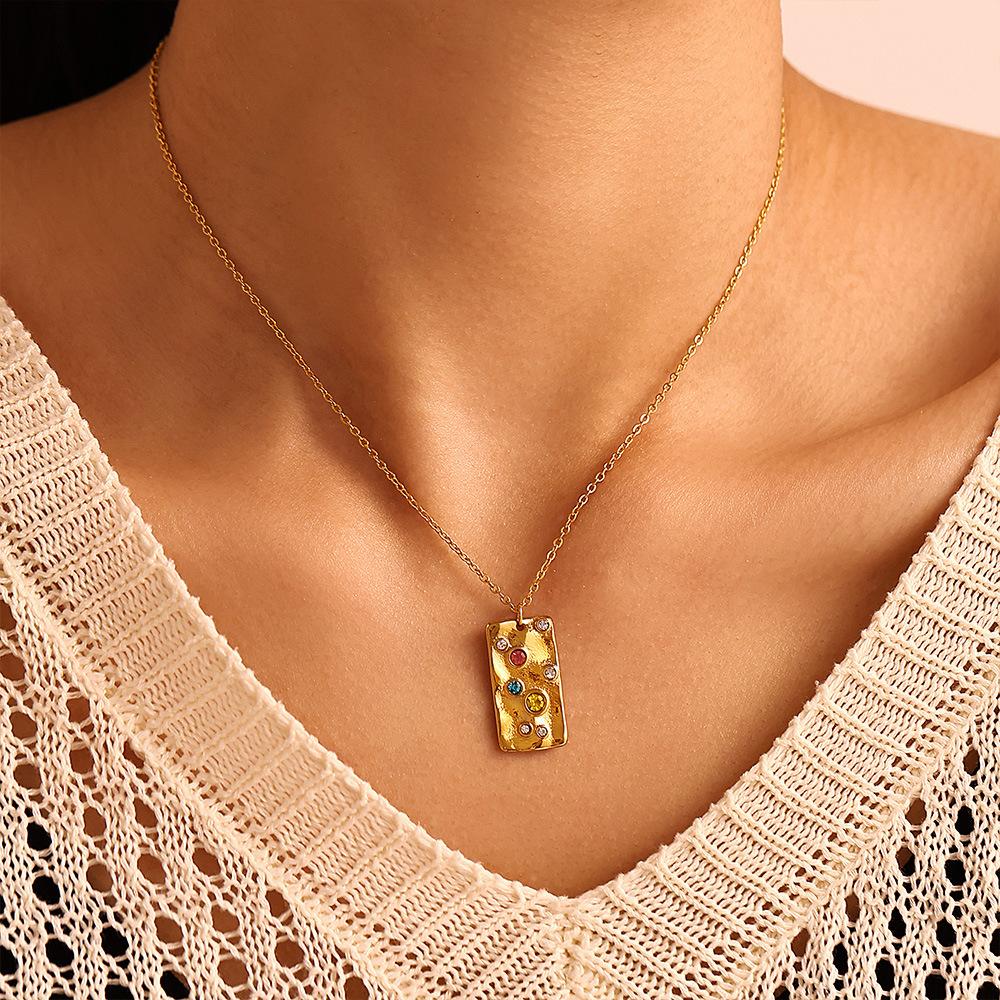 Stainless Steel Rectangular Rainbow Cubic Zirconia Necklace