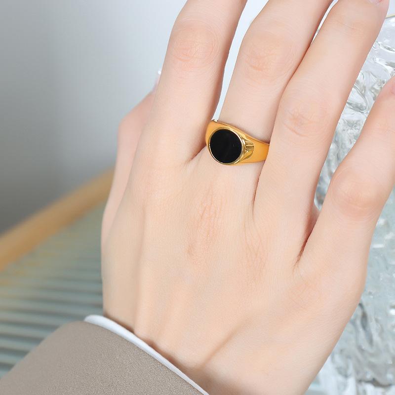 18K Gold PVD Round Black Oil Drip Ring
