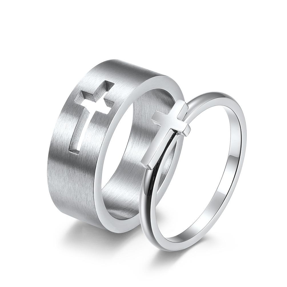 Hollow Cross Stainless Steel Couple Blank Ring