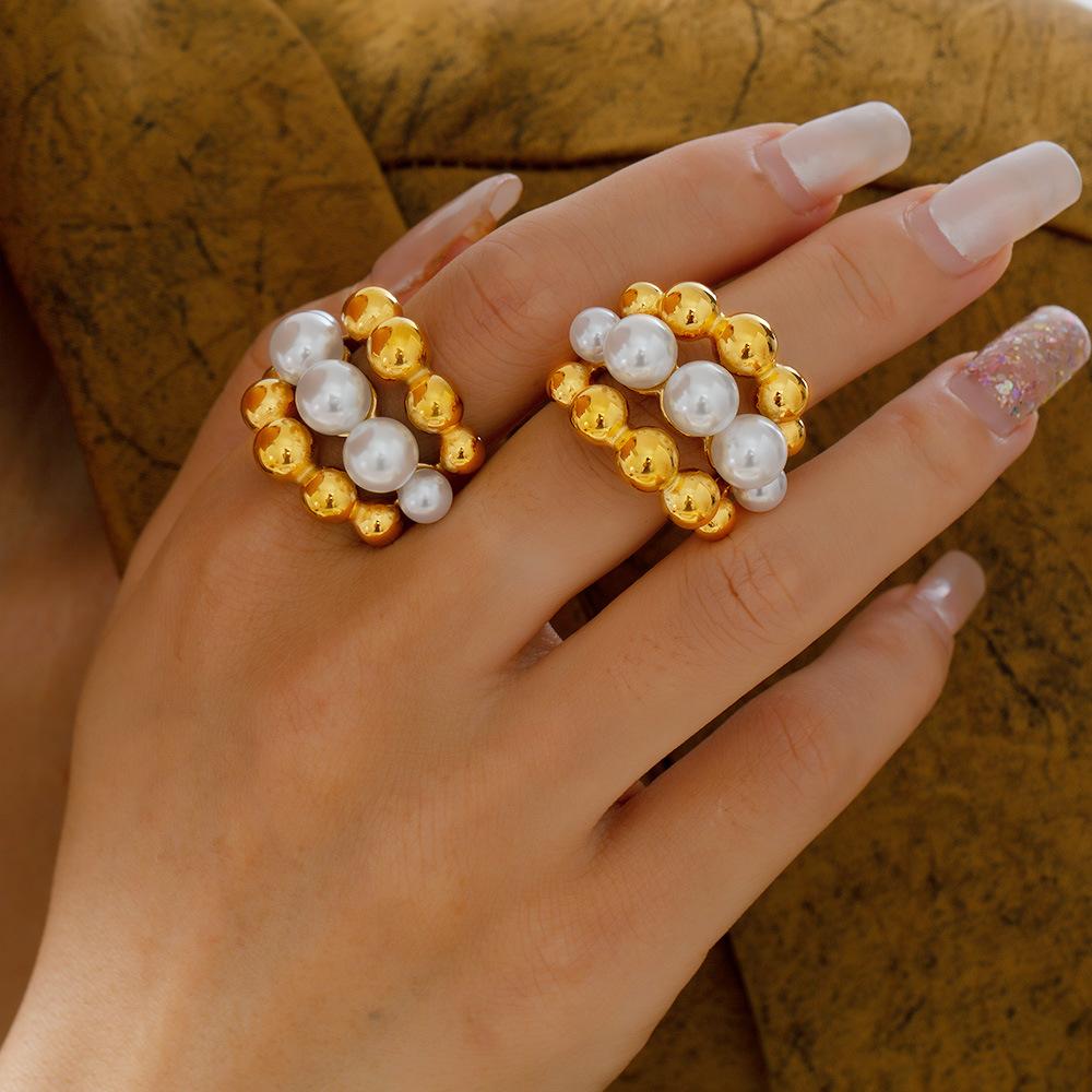 Multi-layer Stitching Imitation Pearl Stainless Steel Ring