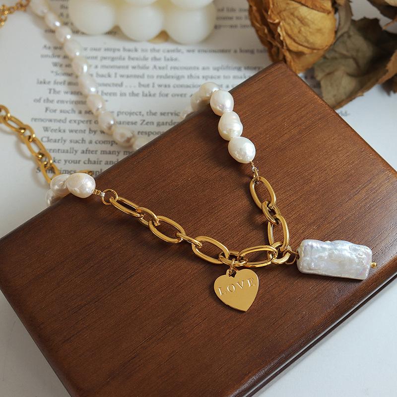 Link Chain Splicing Freshwater Pearl Charm Necklace