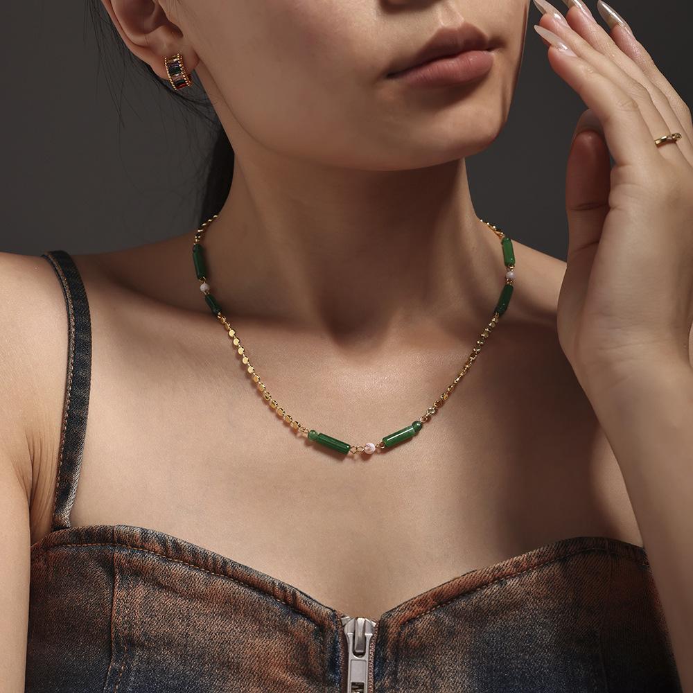 Stainless Steel Green Aventurine Beaded Necklace