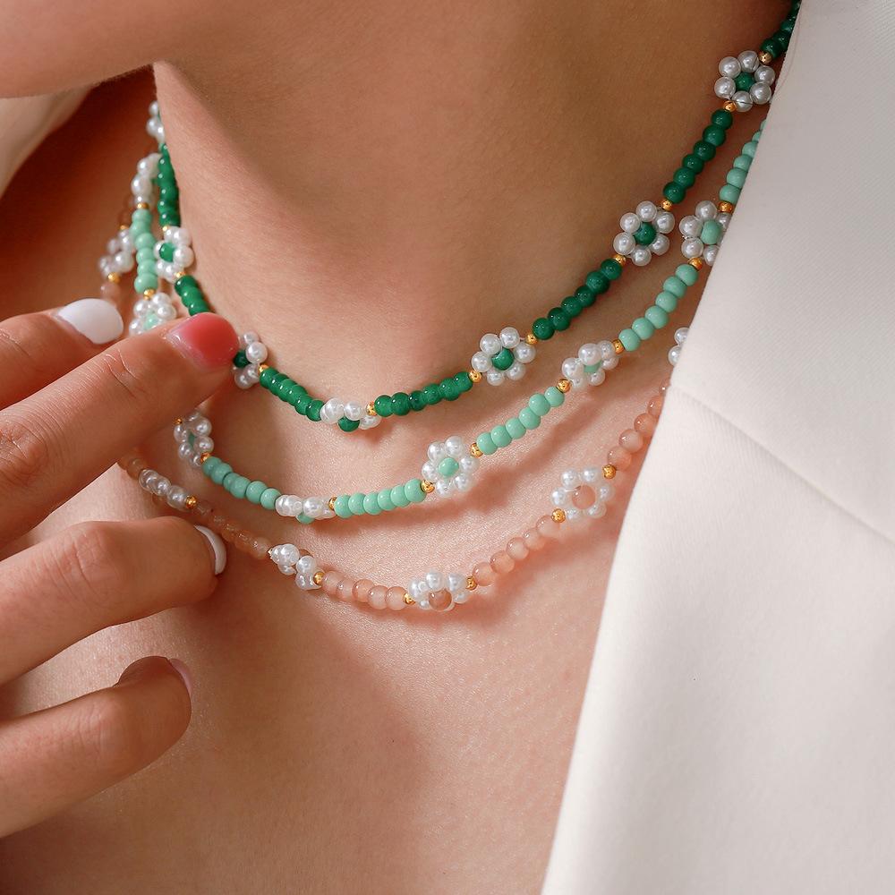 Stainless Steel Imitation Pearl Flower Beaded Necklace