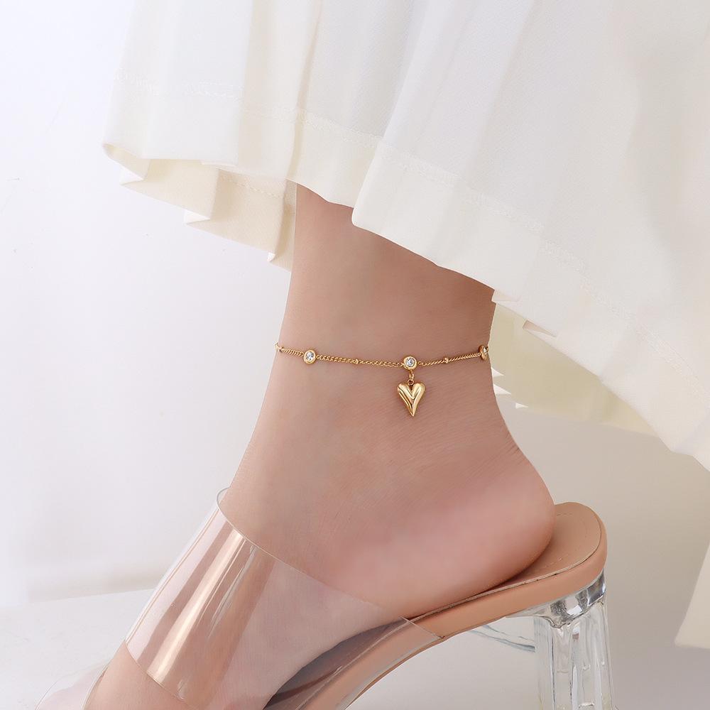 18K Gold PVD Heart Shape Chain CZ Stainless Steel Anklet