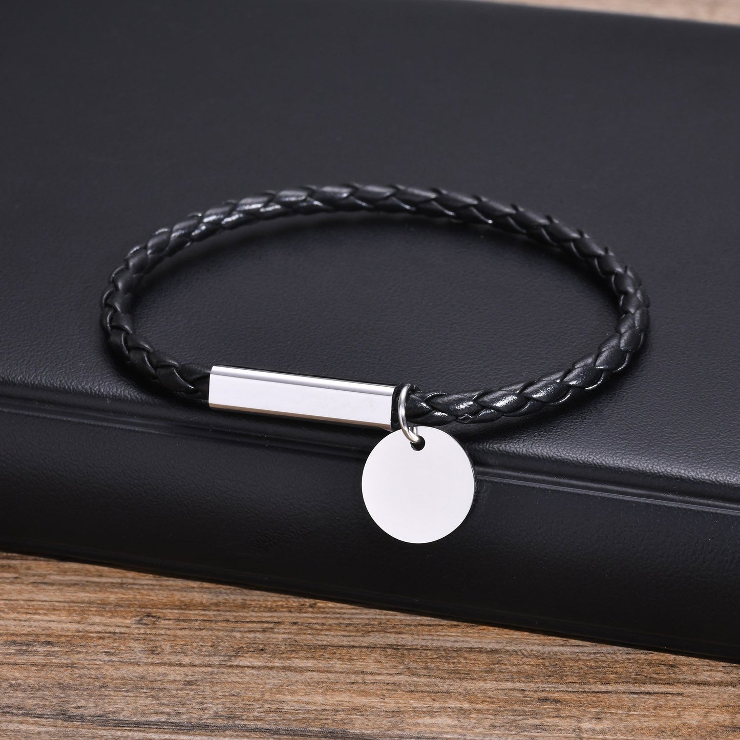 4mm Stainless Steel Round Charm Leather Rope Bracelet