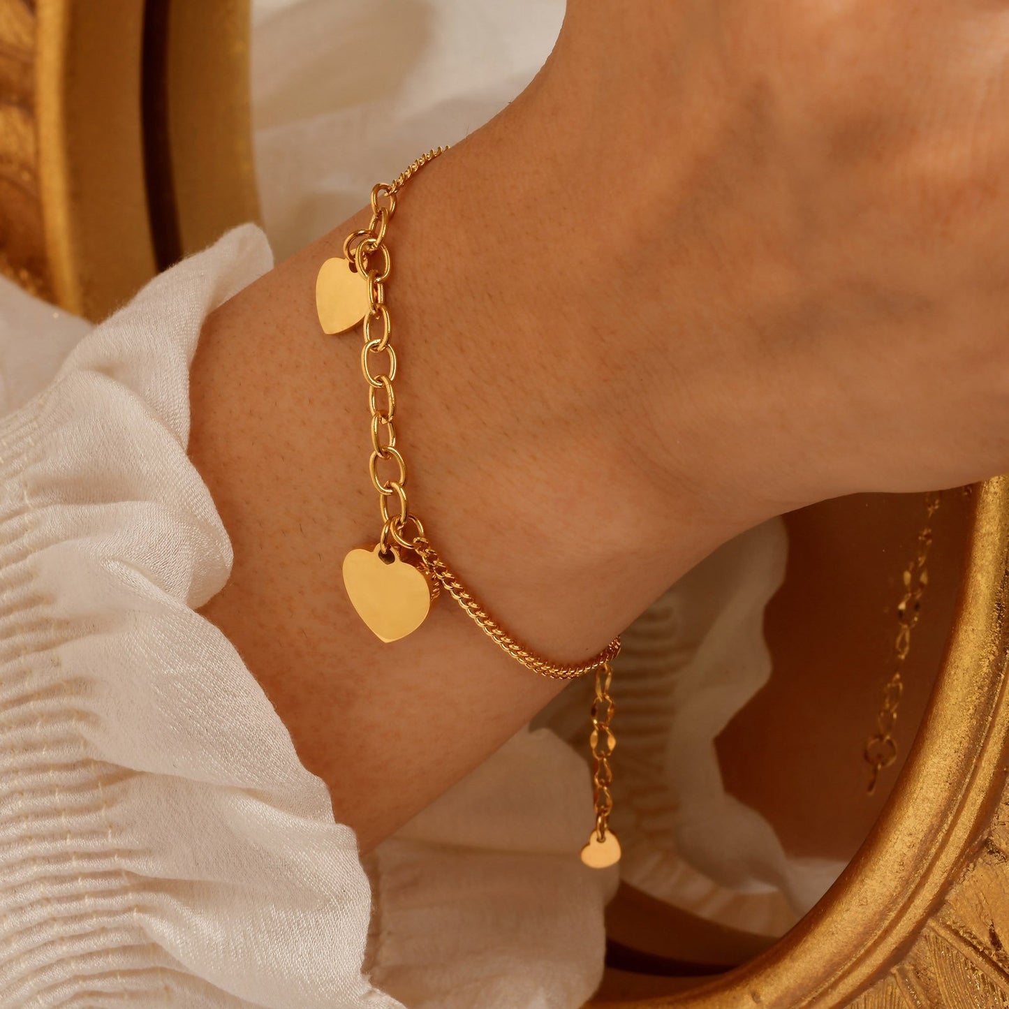 Double Heart Curb Chain Blank Bracelet