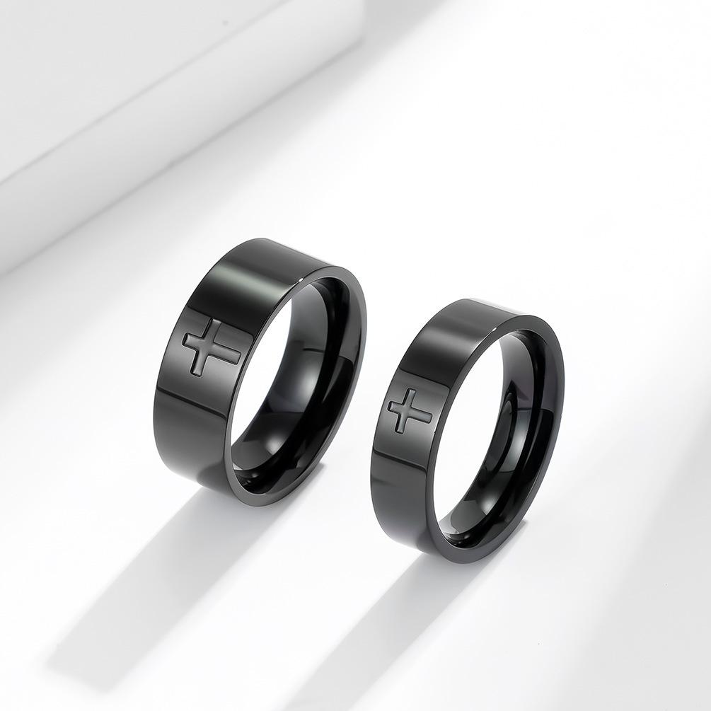 Polished Cross Drop Oil Stainless Steel Couple Ring