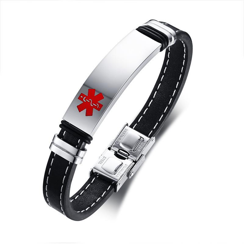 12mm Stainless Steel Medical ID Leather Bracelet