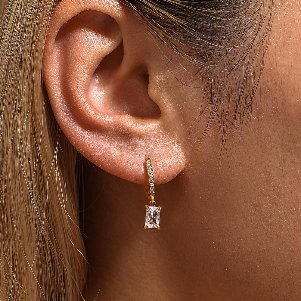 Stainless Steel Square Pendant Cubic Zirconia Drop Earrings