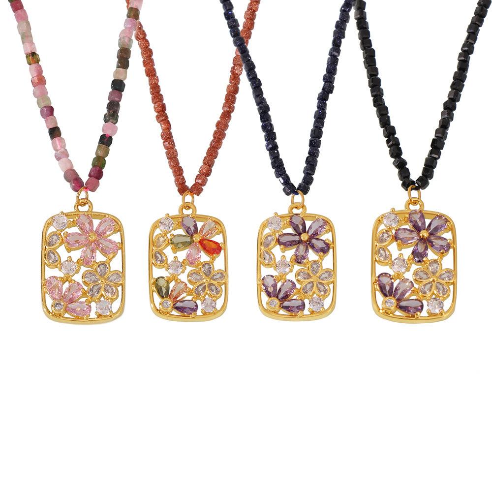 Brass Material Flower Pendant Square Beaded Necklace