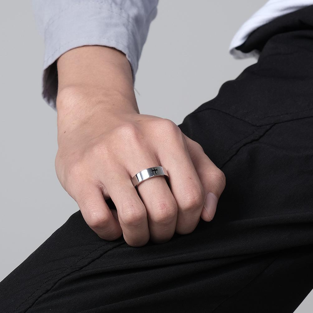 Polished Cross Drop Oil Stainless Steel Couple Ring