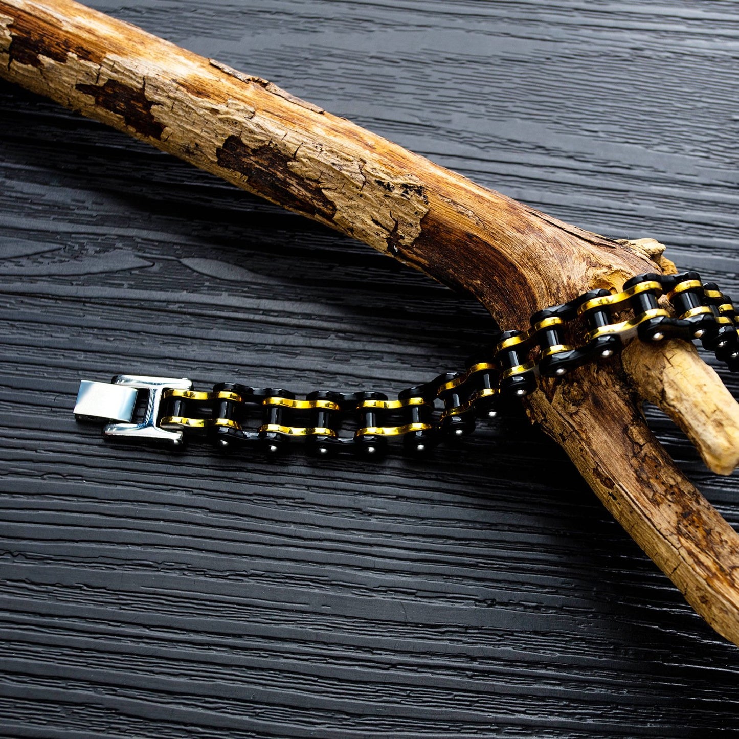 Stainless Steel 18K Gold PVD and Blue Bike Chain Bracelet
