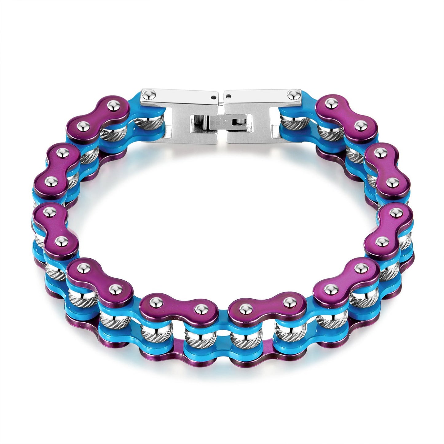Stainless Steel and Blue Purple Bike Chain Bracelet