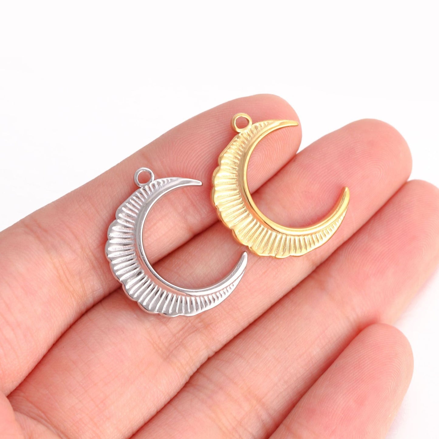 Striped Embossed Moon 18K Gold PVD Stainless Steel Pendant