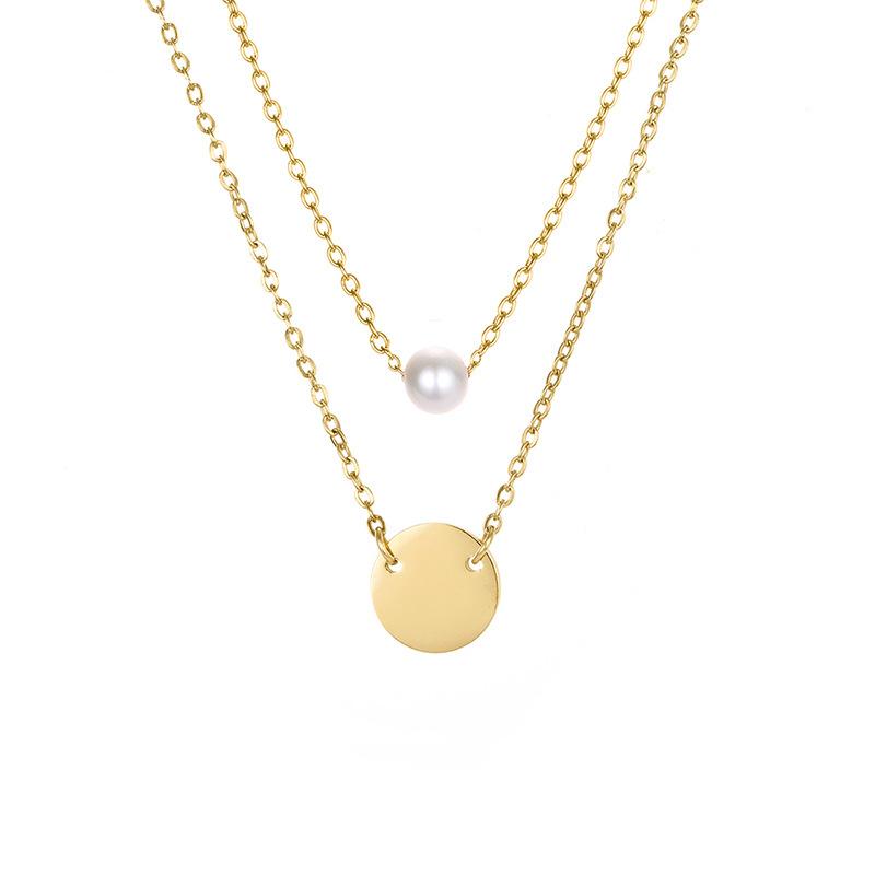 Stainless Steel Double Layered Engravable Necklace with Signal Pearl