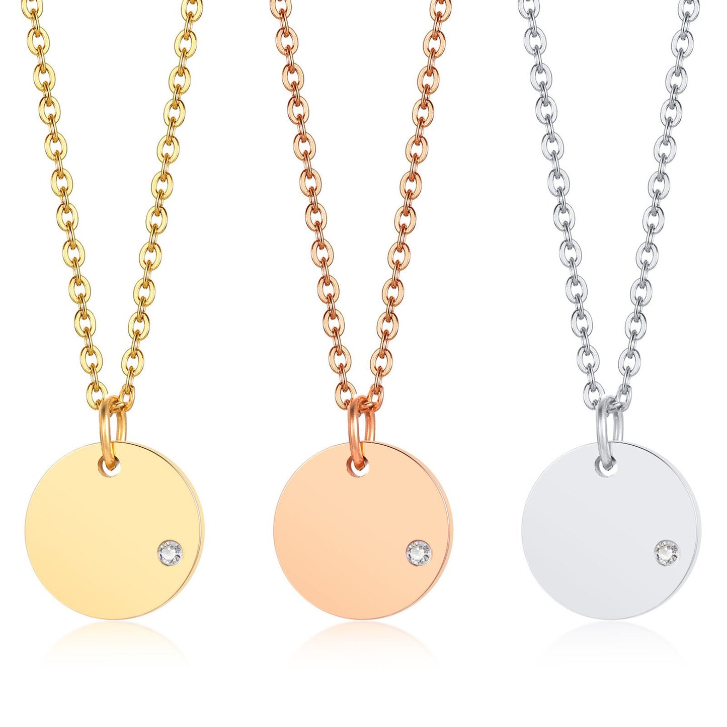 Stainless Steel Cubic Zirconia Plate Pendant Necklace