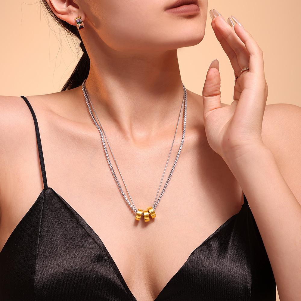 3mm Cubic Zirconia Chain 3 Rings Pendant Necklace