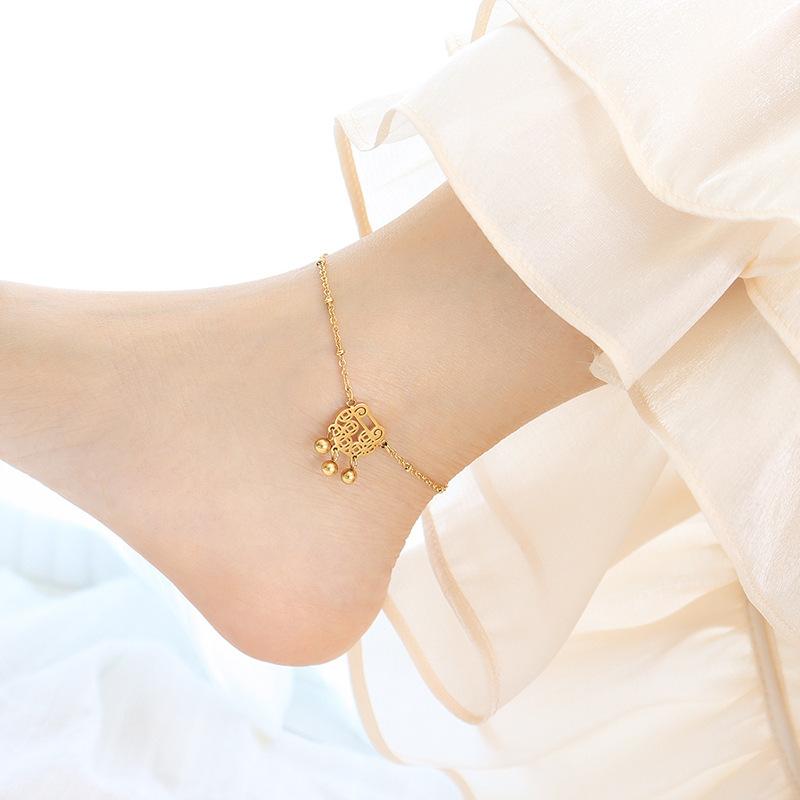 Chinese Bell & Ball Charm Stainless Steel Anklet