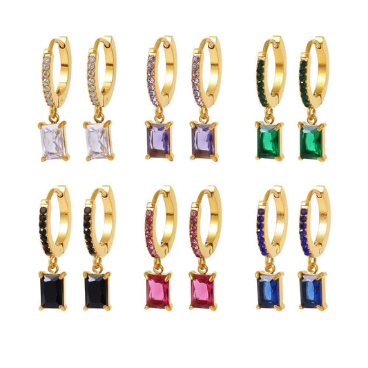 Stainless Steel Square Pendant Cubic Zirconia Drop Earrings
