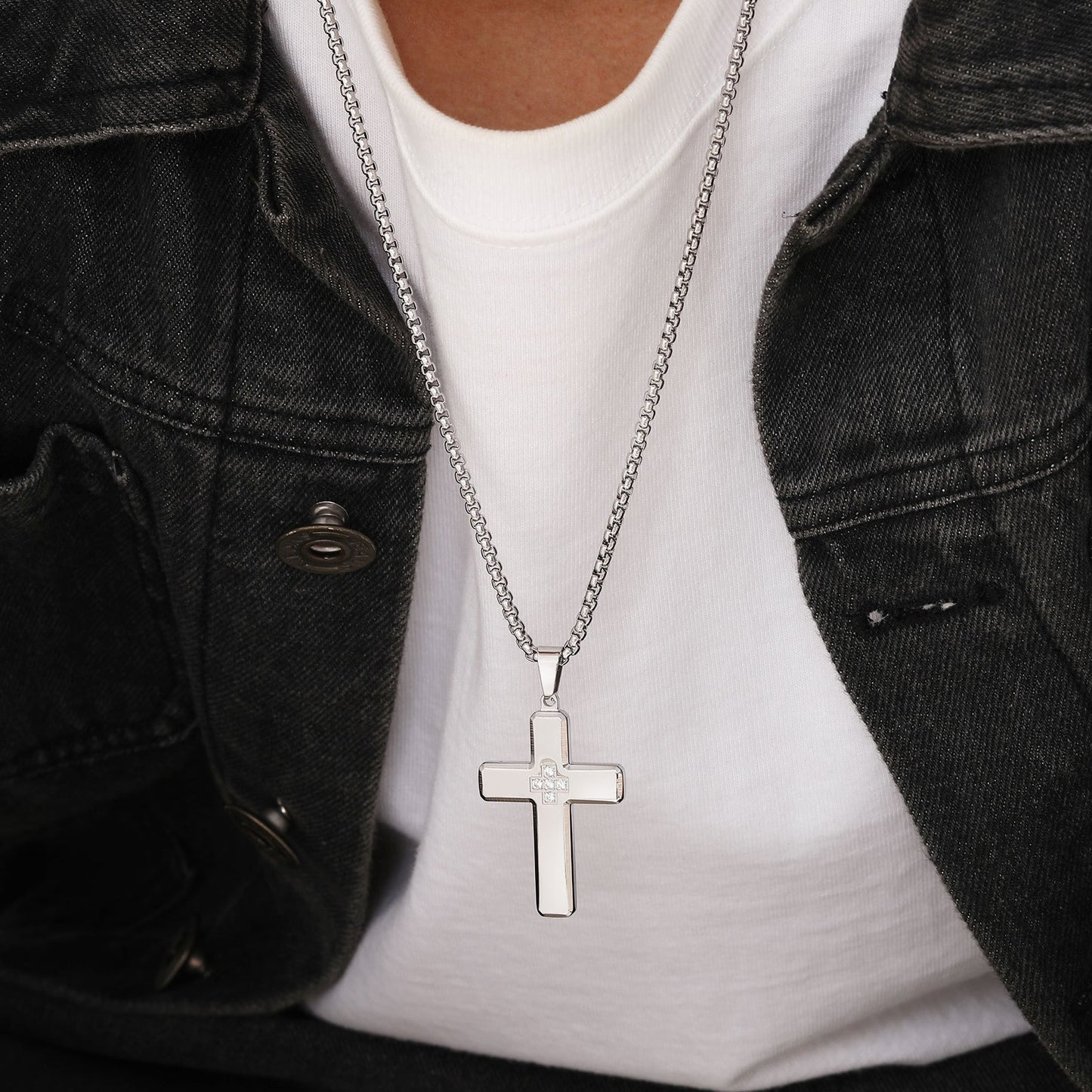 Stainless Steel Cubic Zirconia Cross Pendant Blank Necklace