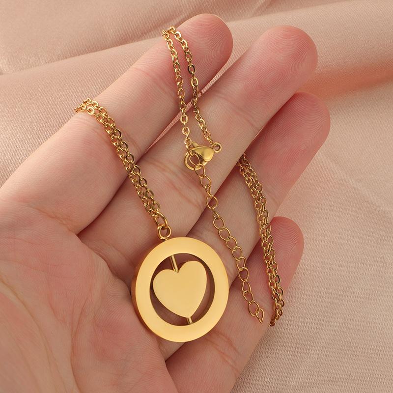 Stainless Steel Rotatable Heart Round Pendant Blank Necklace
