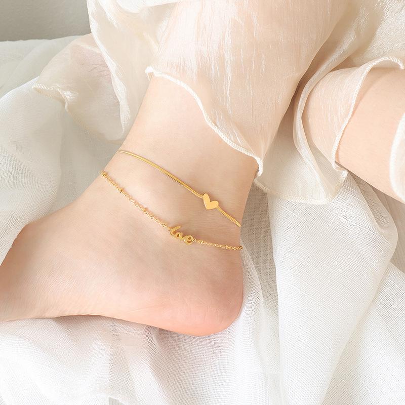 Golden Letter Heart Chain Double Layer Stainless Steel Anklet