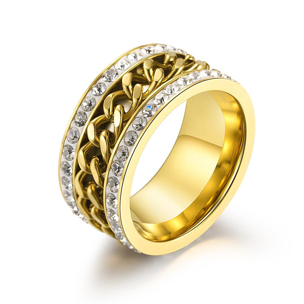 Stainless Steel Chain Spinner Ring with Rhinestones On Both Sides