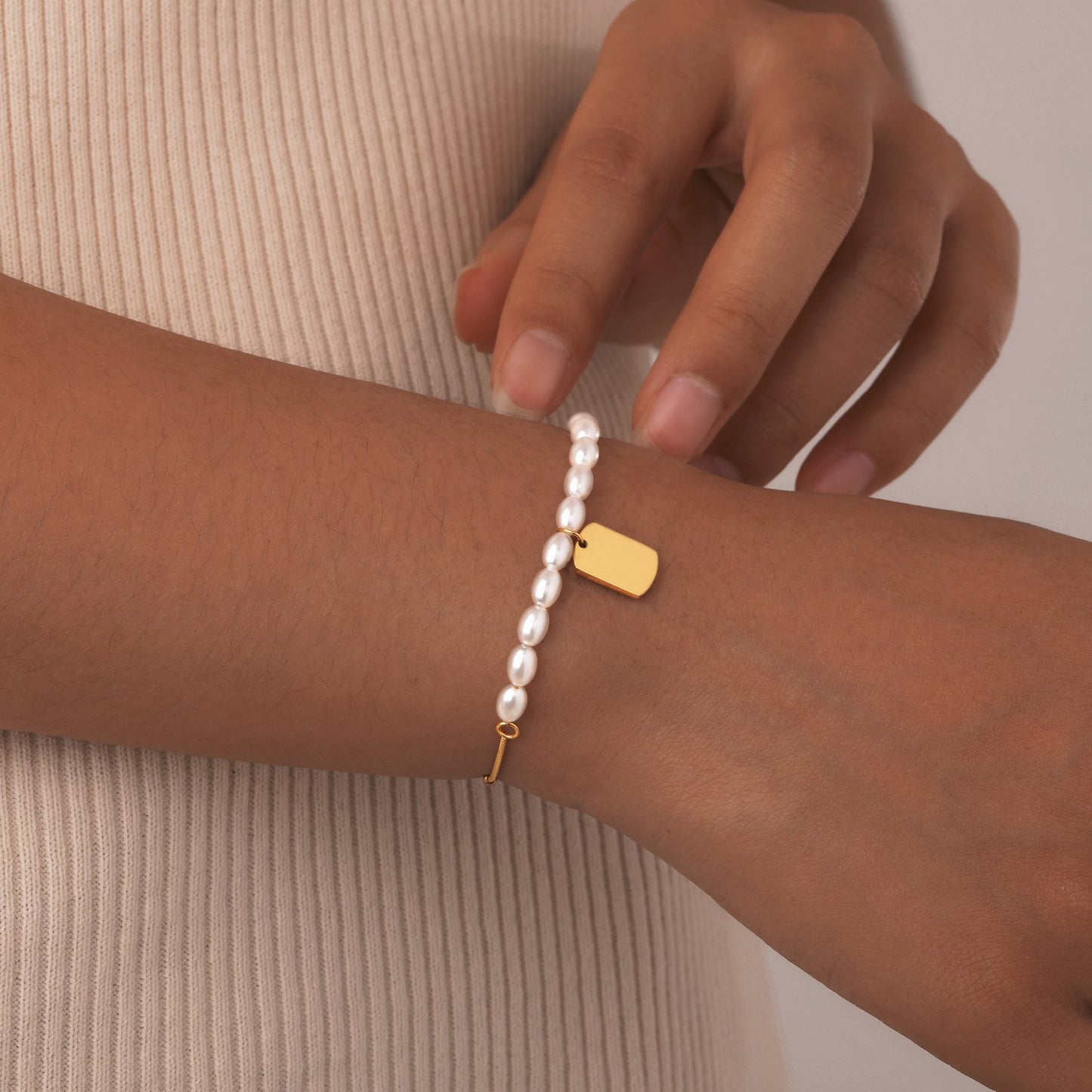 Stainless Steel Square Pendant Imitation Pearl Blank Bracelet