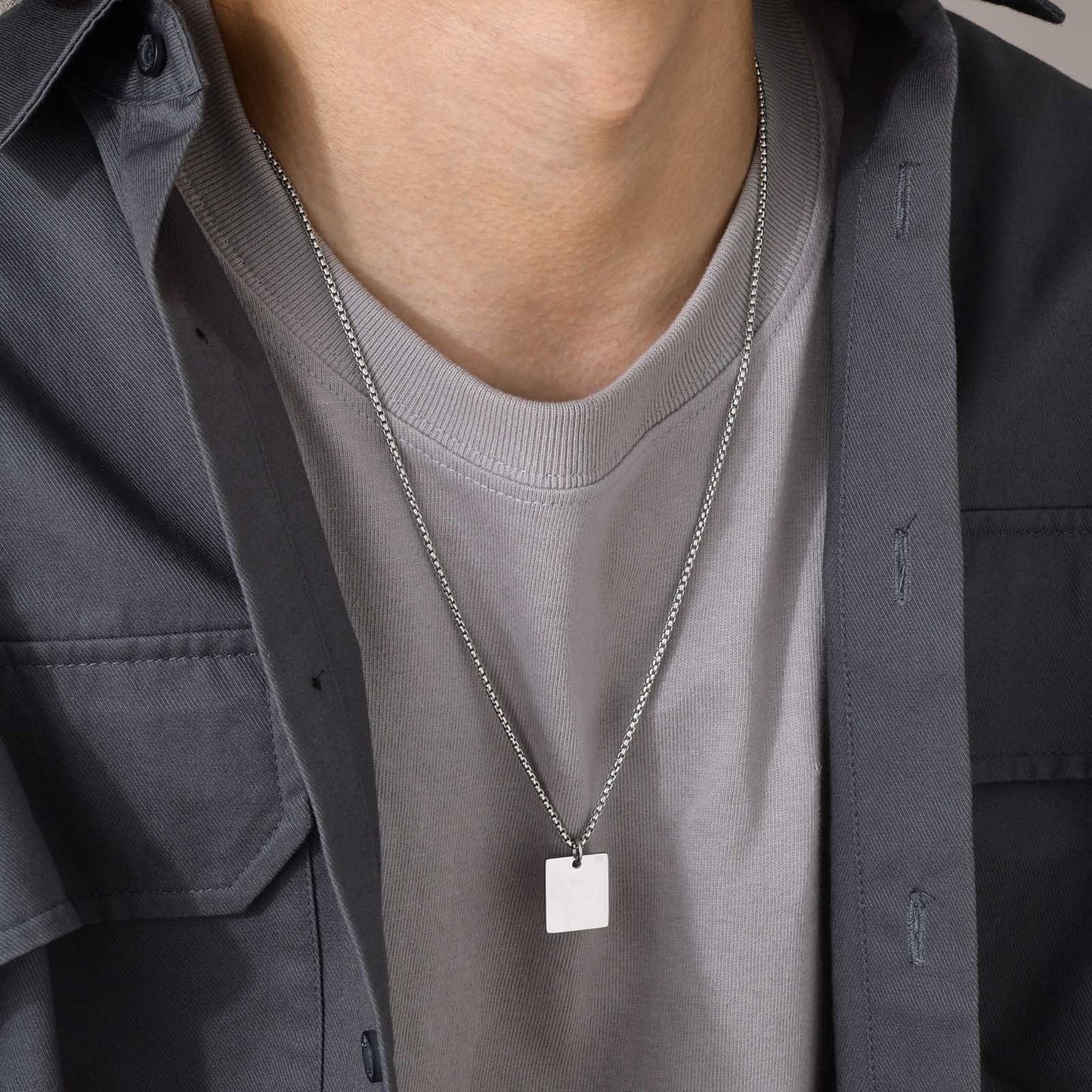 Stainless Steel Polished Square Pendant Blank Necklace