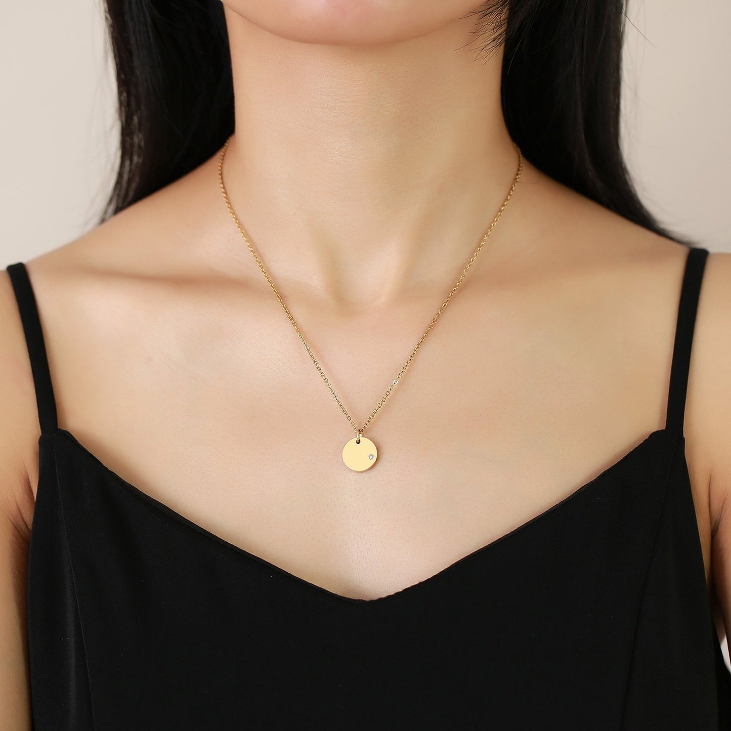 Stainless Steel Cubic Zirconia Plate Pendant Necklace