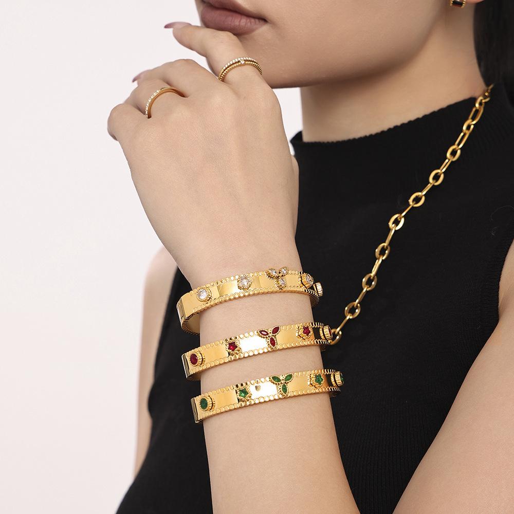 Stainless Steel Three Leaf Flower Cubic Zirconia Bracelet