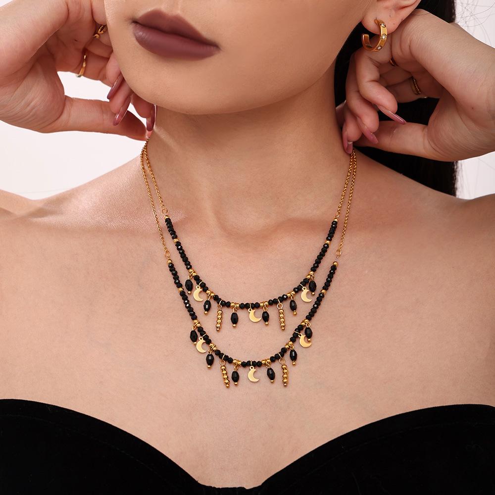 Stainless Steel Tassel Black Crystal Beaded Necklace