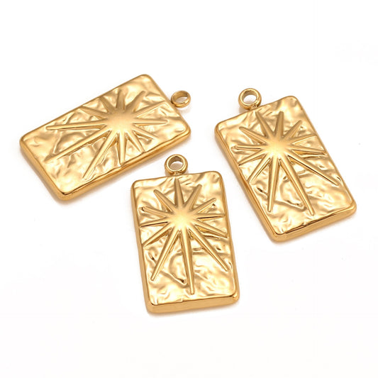 18K Gold PVD 3D Sun Rectangular Stainless Steel Pendant