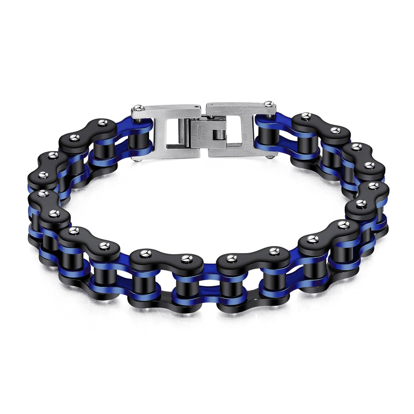Stainless Steel 18K Gold PVD and Blue Bike Chain Bracelet