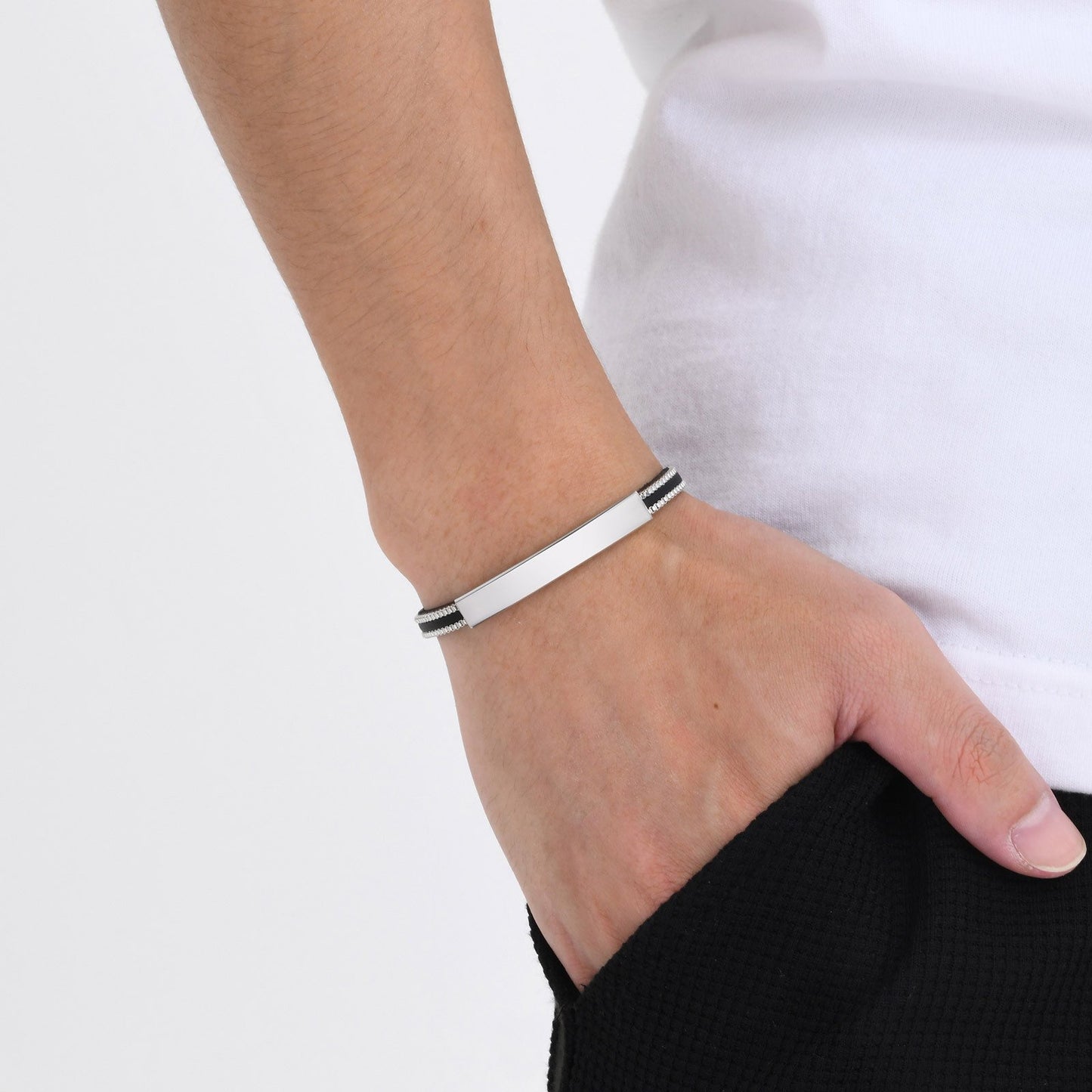 Stainless Steel Curved Bar Chain Blank Leather Bangle