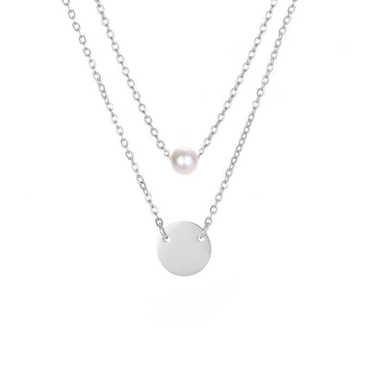 Stainless Steel Double Layered Engravable Necklace with Signal Pearl