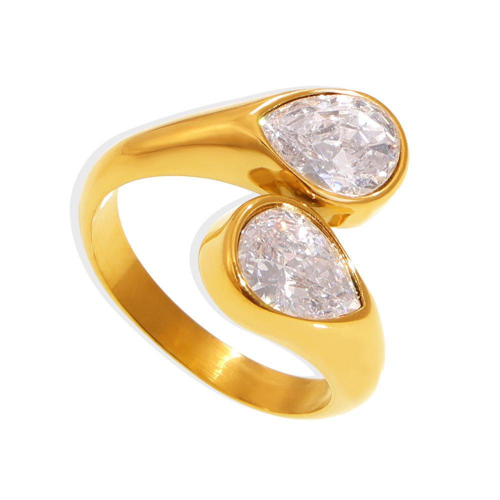 Bague manchette en acier inoxydable avec double goutte d'eau et zircone cubique