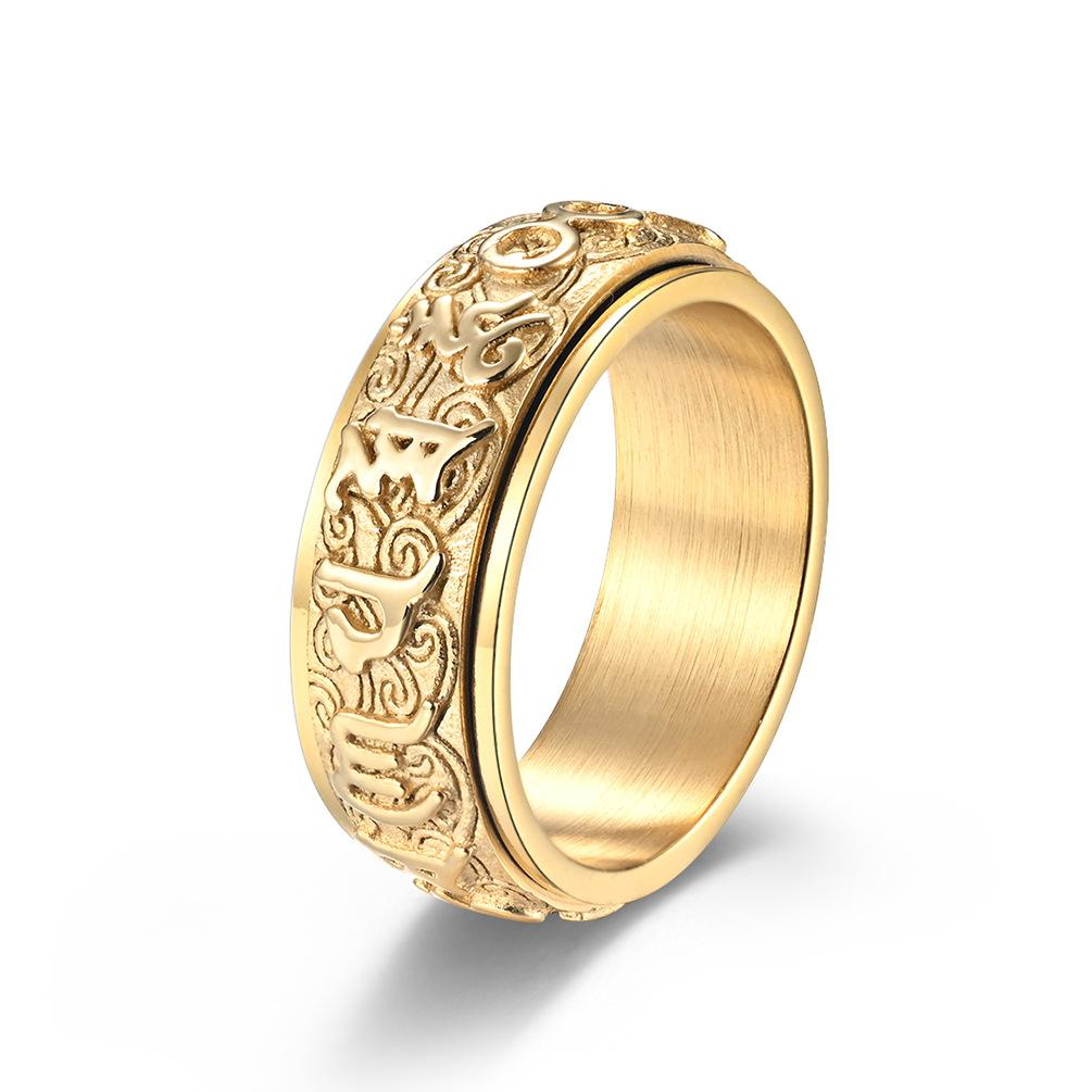 Bague tournante en acier inoxydable avec motif de nuage porte-bonheur et écritures bouddhistes