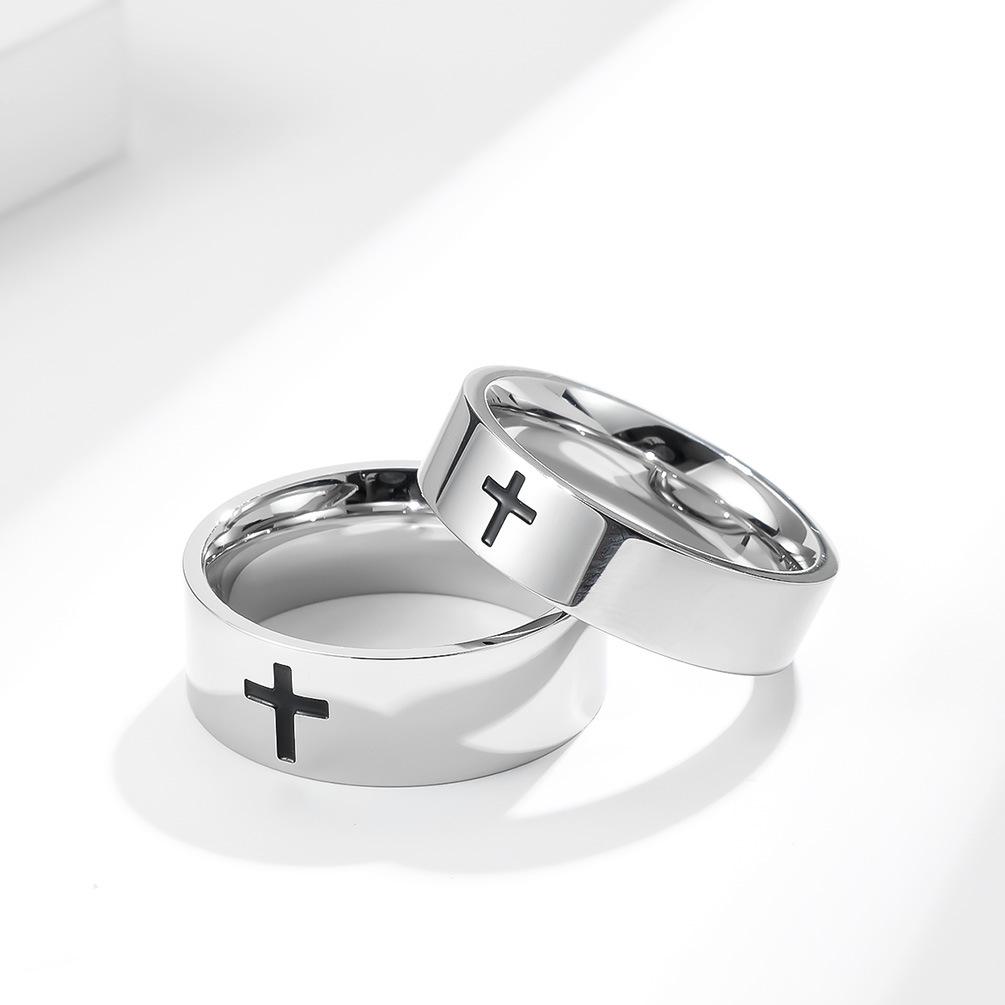 Polished Cross Drop Oil Stainless Steel Couple Ring