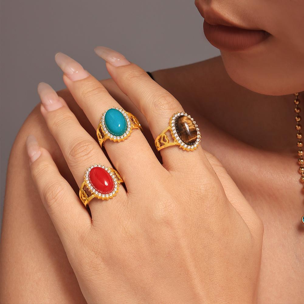 Stainless Steel Oval Natural Stone Cuff Ring