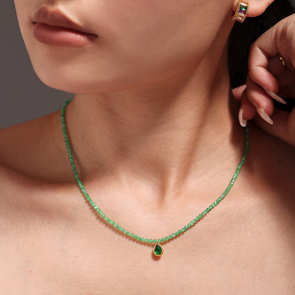 Stainless Steel Green Opal Water Drop Pendant Beaded Necklace
